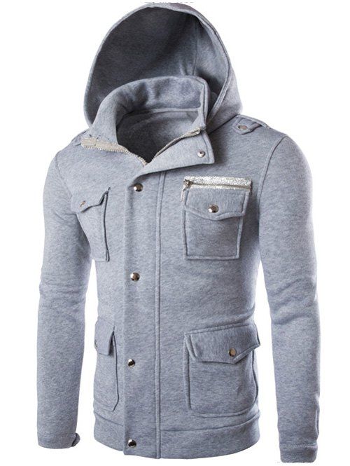 

Long Sleeve Metal Button Design Hooded Jacket, Light gray