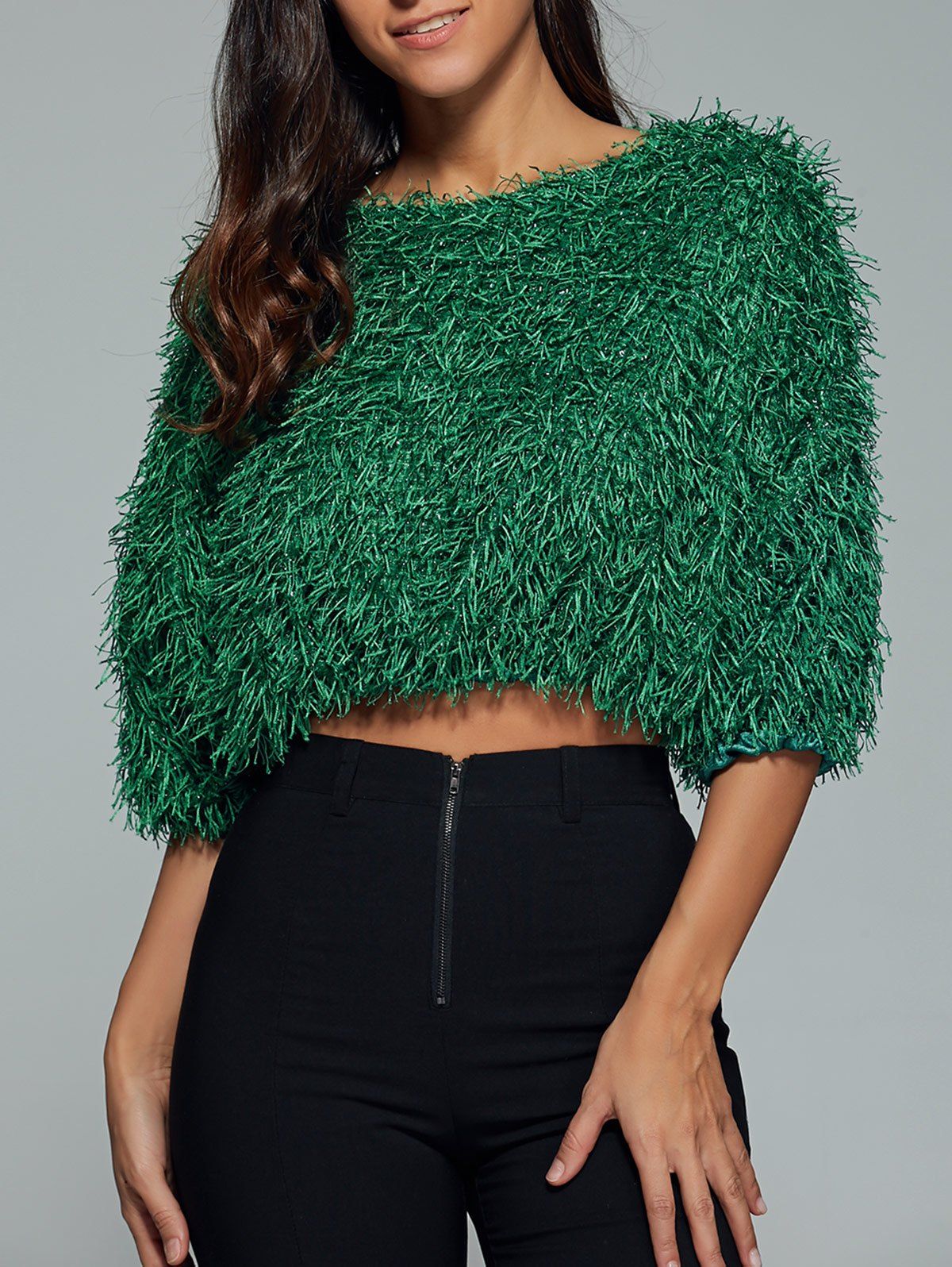 [17% OFF] 2021 Fuzzy 3/4 Sleeve Crop Top In GREEN | DressLily