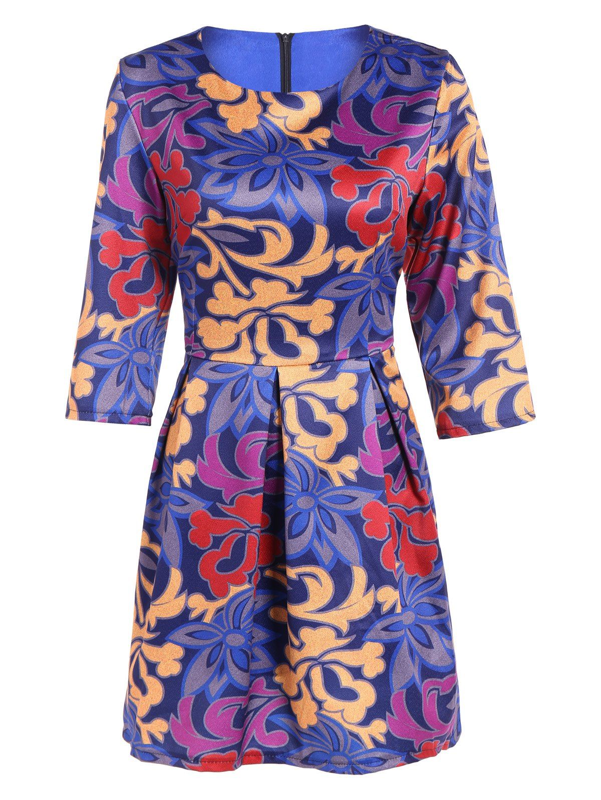 

3/4 Sleeve Ruffled Print Dress, Blue