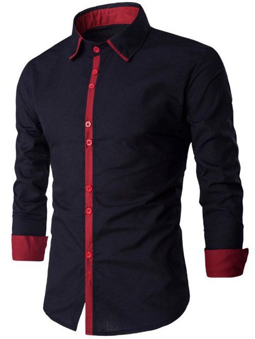 

Spliced Design Turn-Down Collar Long Sleeve Shirt, Red with black