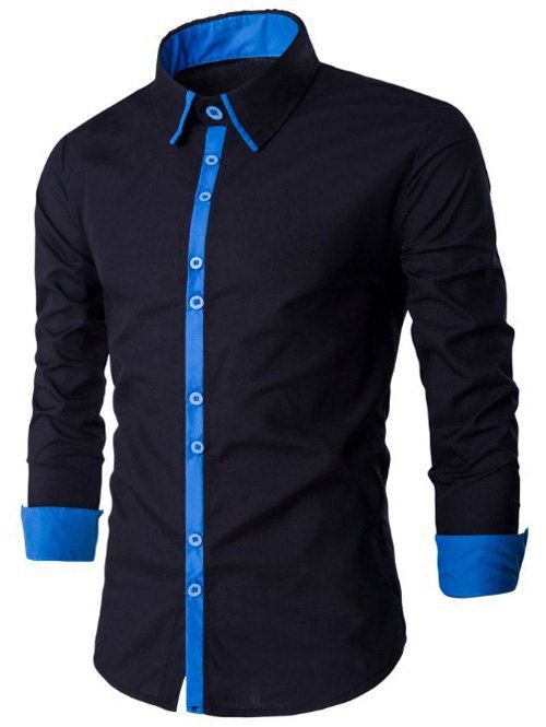 Épissage design Turn-Down Collar manches longues - Bleu et Noir L