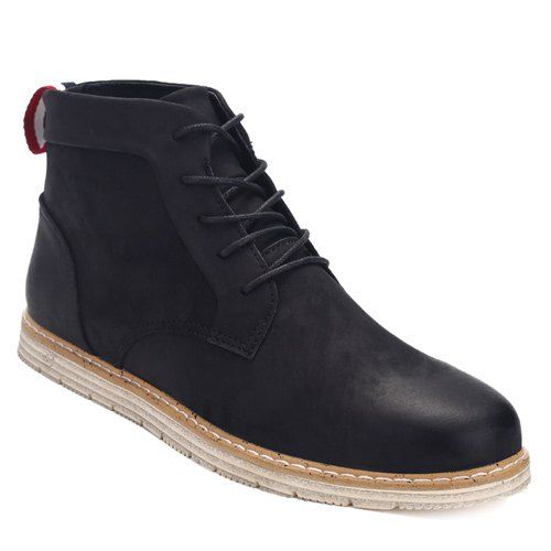 

PU Leather Stitching Lace-Up Ankle Boots, Black