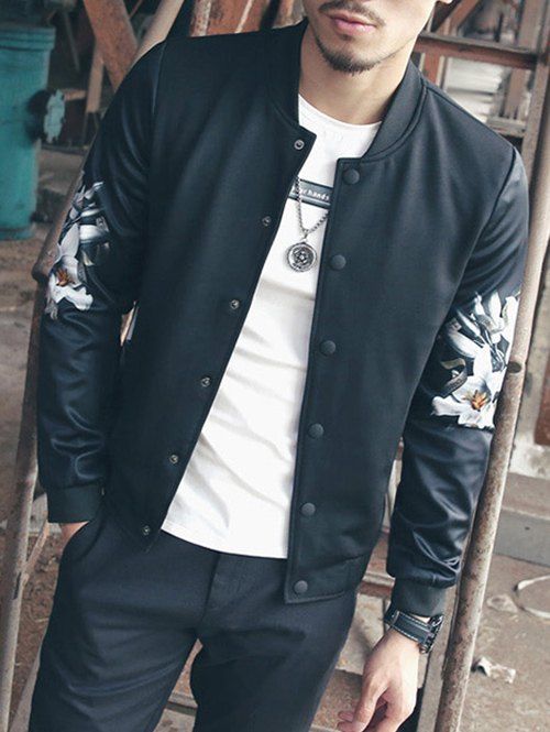 

Stand Collar Floral Print Snap Button Up Jacket, Black