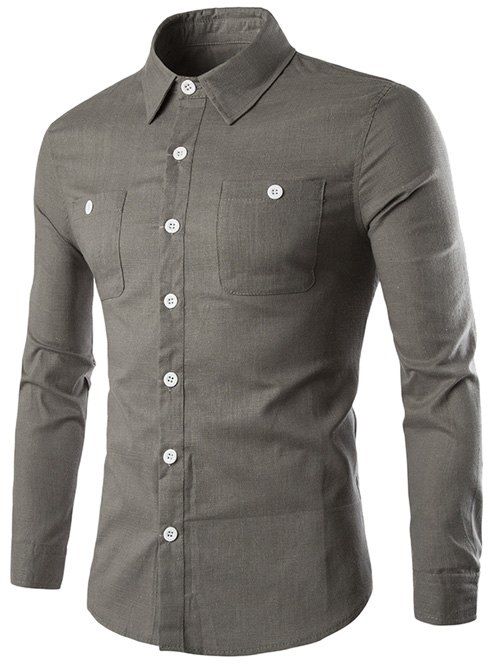 

Button Pocket Long Sleeve Slim-Fit Shirt, Gray