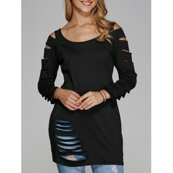 

Scoop Neck Distressed Laddered T-Shirt, Black