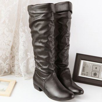 [17% OFF] 2023 Fold Over Low Heel Ruched Knee High Boots In BLACK ...