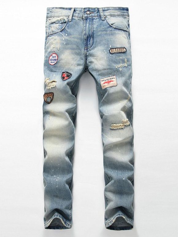 Zipper Fly Patch design Scratched Ripped Jeans - Bleu clair 30