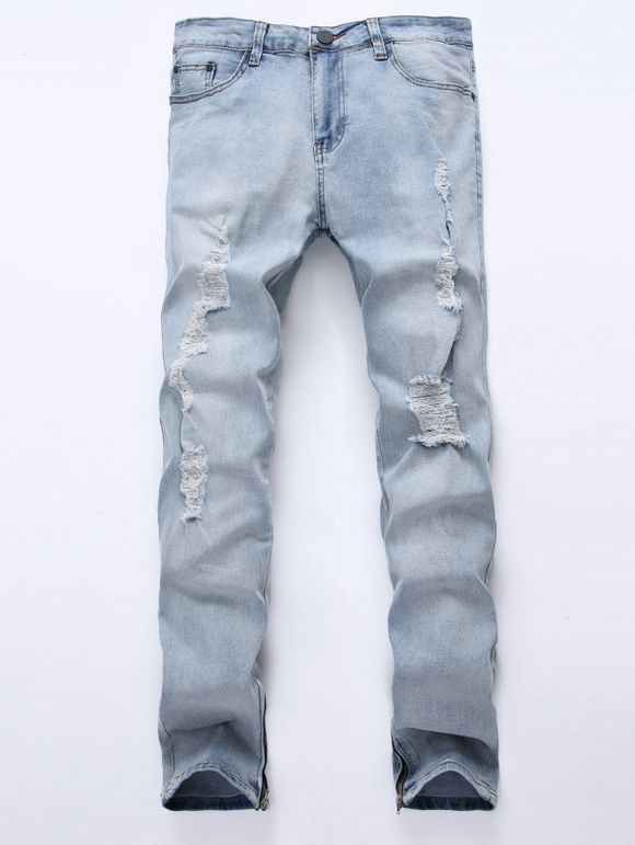 Cinq Pocket Zipper Cuff effilochée Ripped Jeans - Bleu clair 28