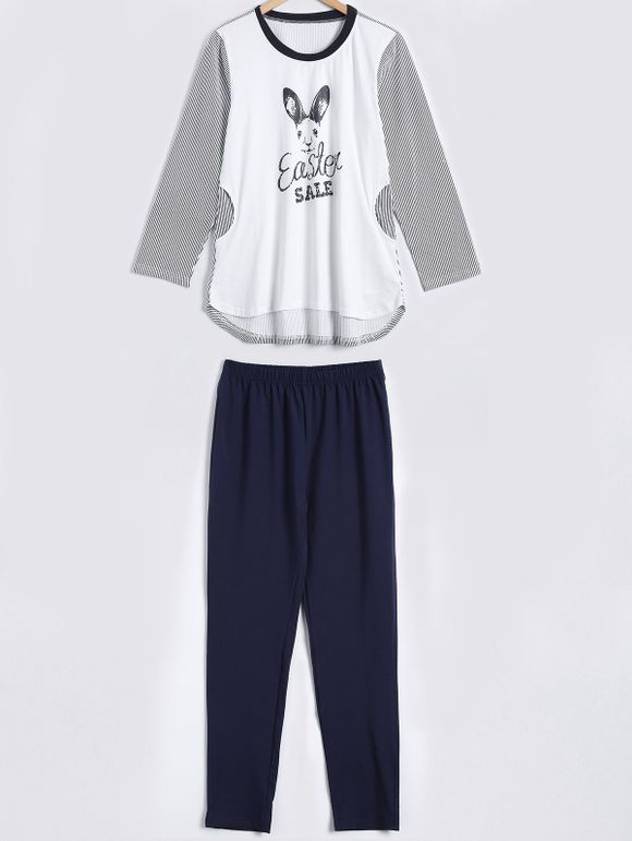 Striped Lapin Imprimer High Low Pajama Set - Blanc L