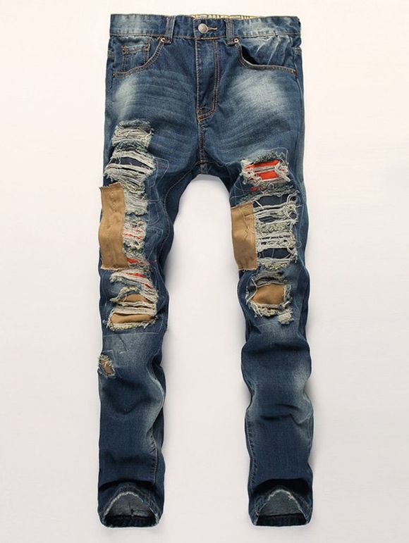 Jeans Scratched Pocket Rivet patché Ripped - Bleu 30