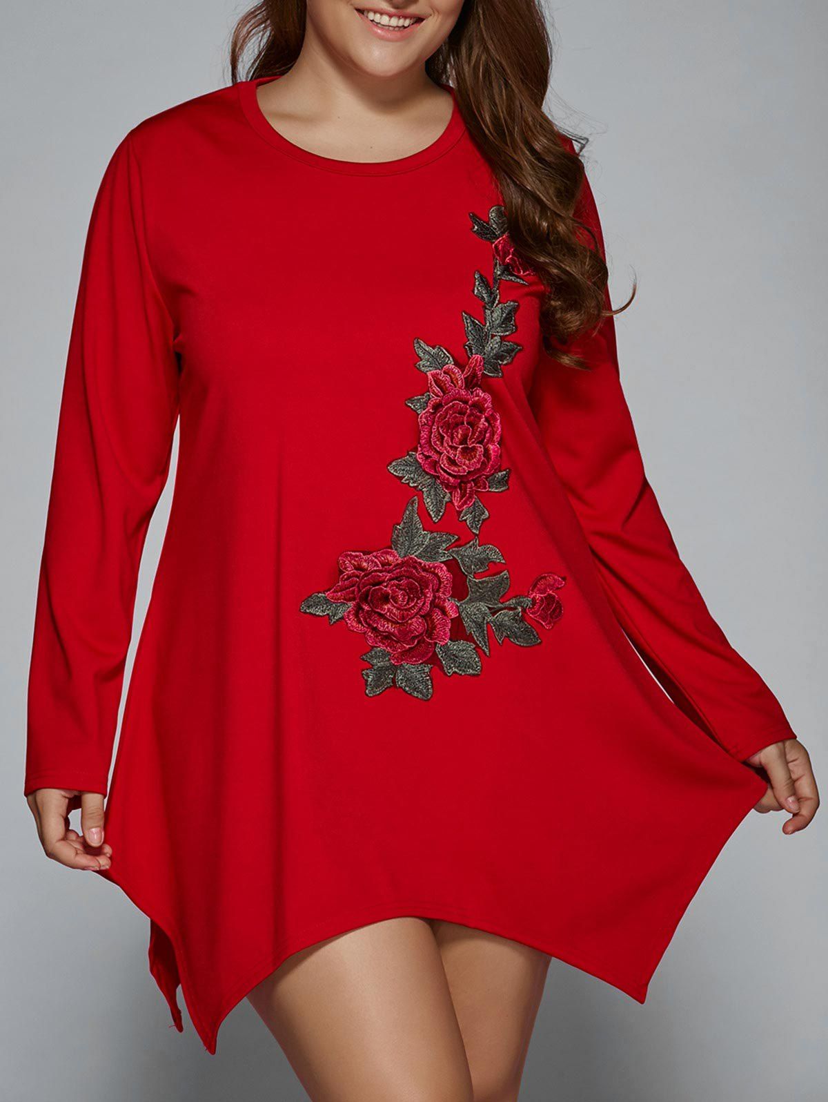 

Plus Size Long Sleeve Floral Embroidery Asymmetrical Shift Dress, Red