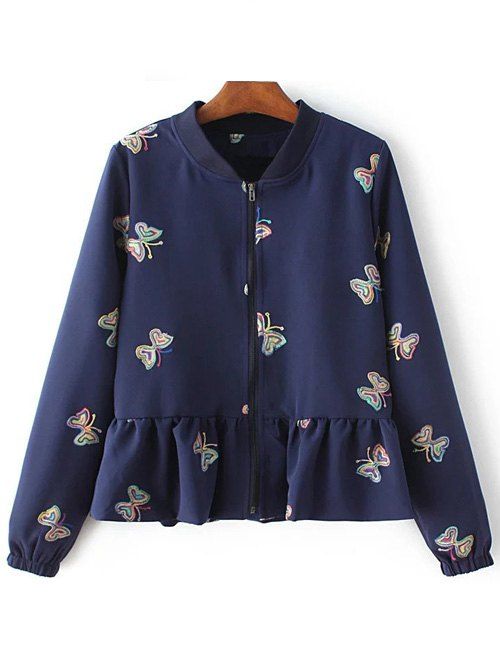 

Butterfly Embroidered Peplum Coat, Purplish blue