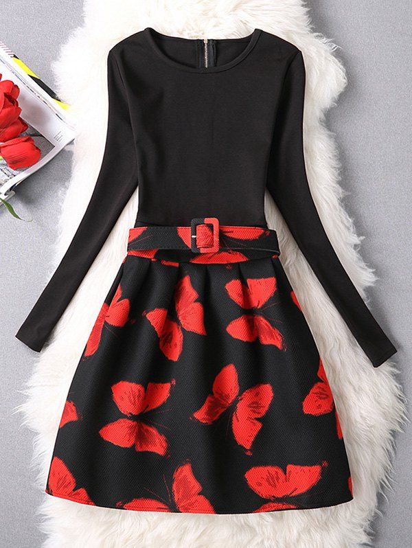 

Butterfly Belted A-Line Dress, Red