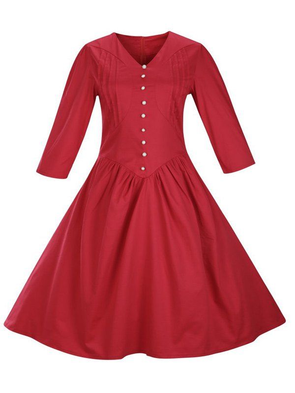 

Retro Front Button Flare Tea Length Swing Party Dress, Red