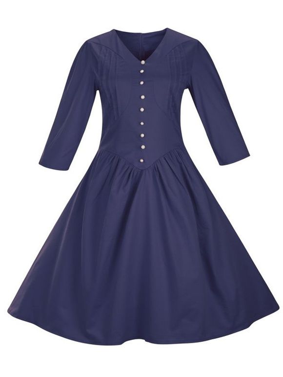 Retro Front Button Flare Tea Longueur Swing Party Dress - Bleu Violet 3XL