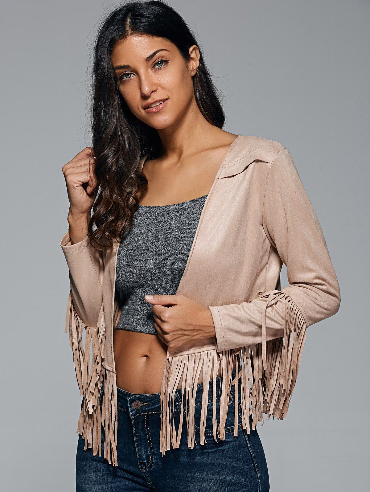 2018 Fringed Suede Jacket KHAKI M In Jackets & Coats Online Store. Best