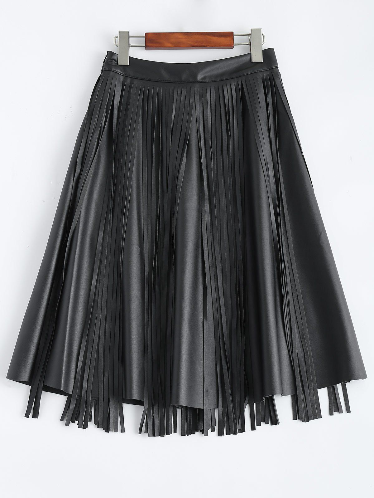 

A-Line PU Fringe Skirt, Black