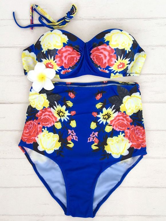 ensemble de bikini à taille haute à motif floral - Bleu S