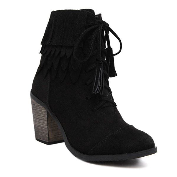 

Lace-Up Chunky Heel Fringe Boots, Black