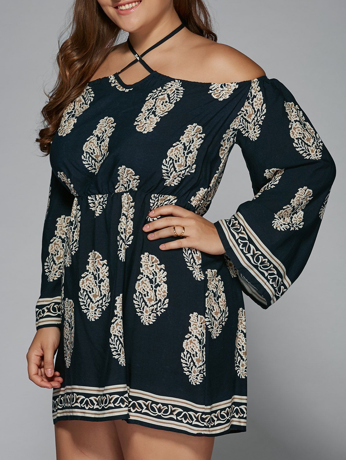 2018 Plus Size Club Printed Halter Off The Shoulder Flare Sleeve Dress 4923