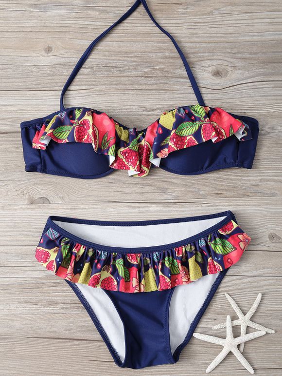 Halter Neck Tropical Print Overlay Bikini - Bleu Violet L