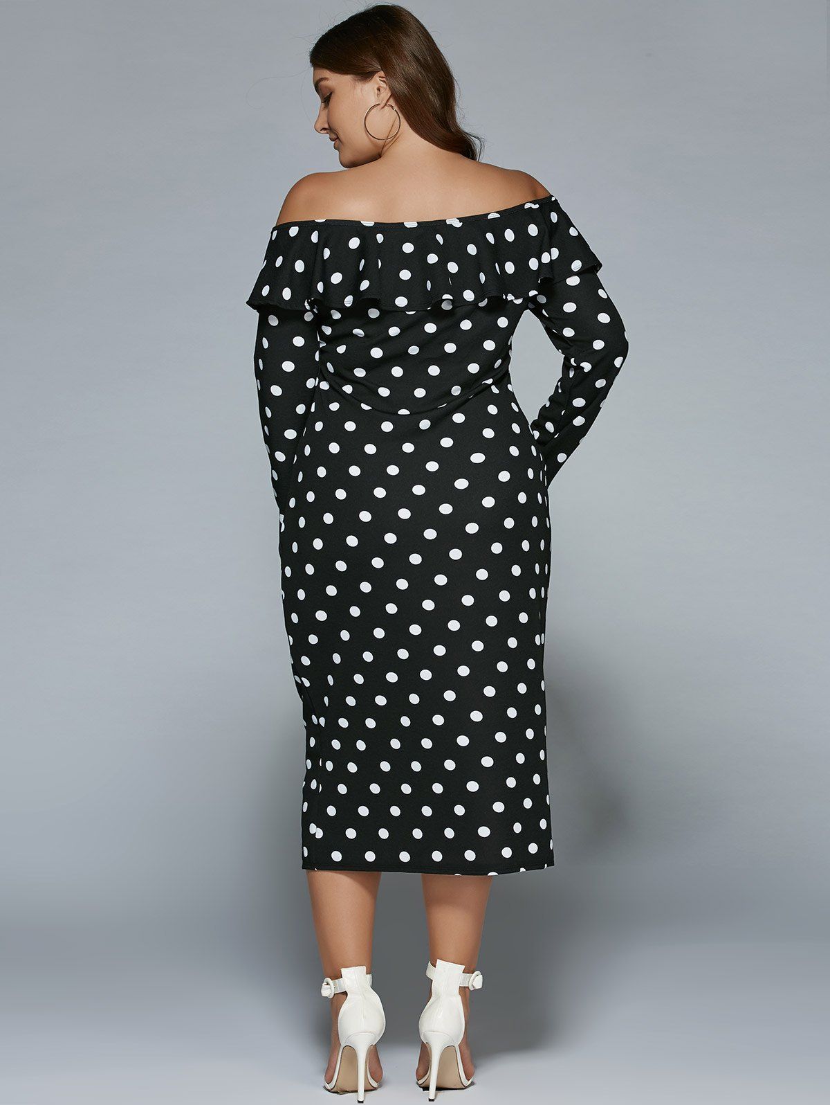 2018 Plus Size Off Shoulder Long Sleeve Polka Dot Midi Dress BLACK XL In Plus Size Dresses 