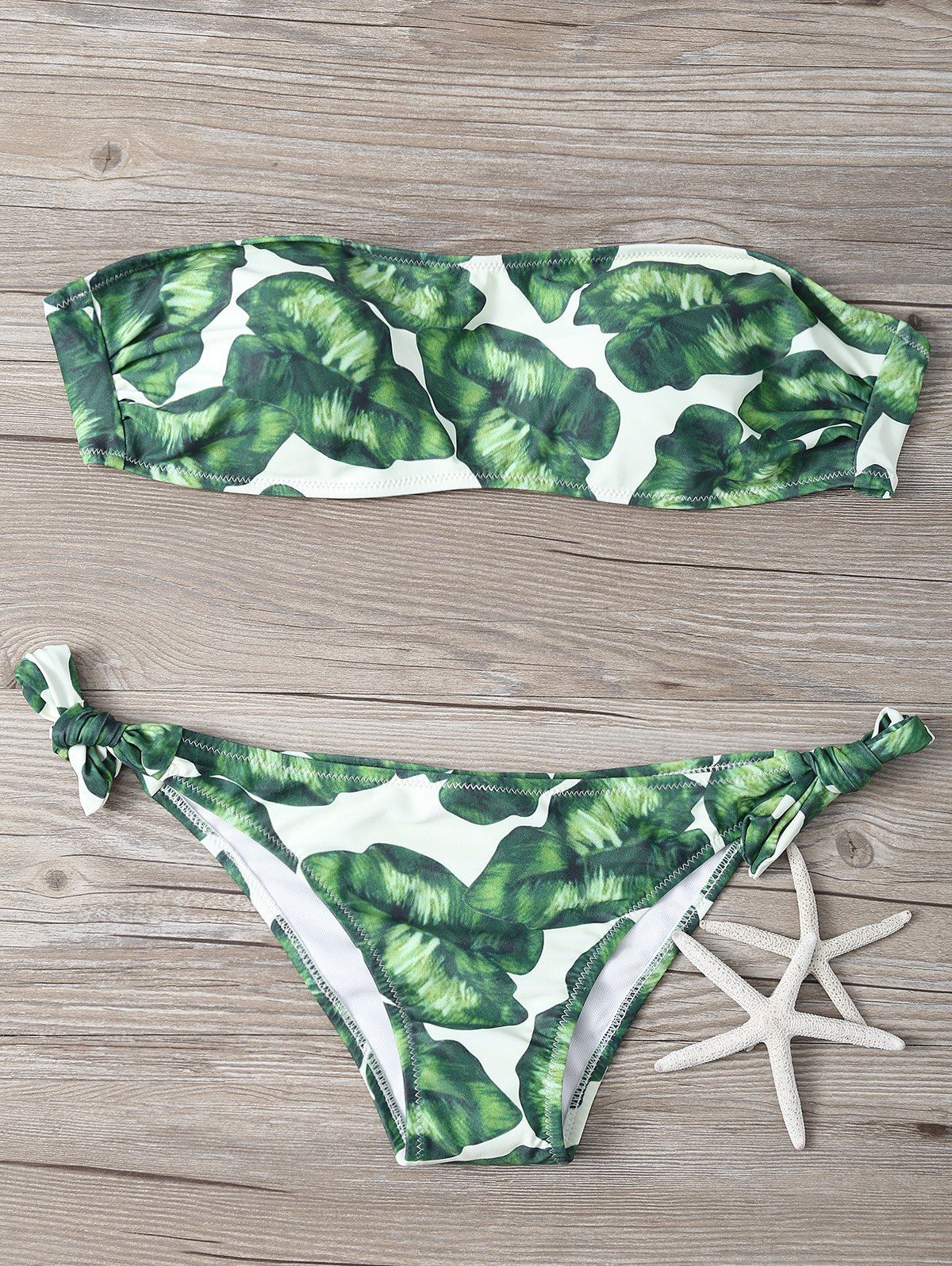 41 Off 2021 Strapless Leaf Print Ruched Bikini Set In Green Dresslily 4945