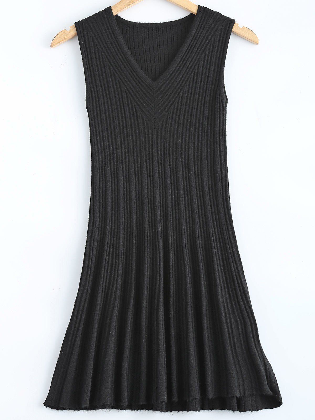

Ribbed V-Neck Knitted Sleeveless Dress, Black