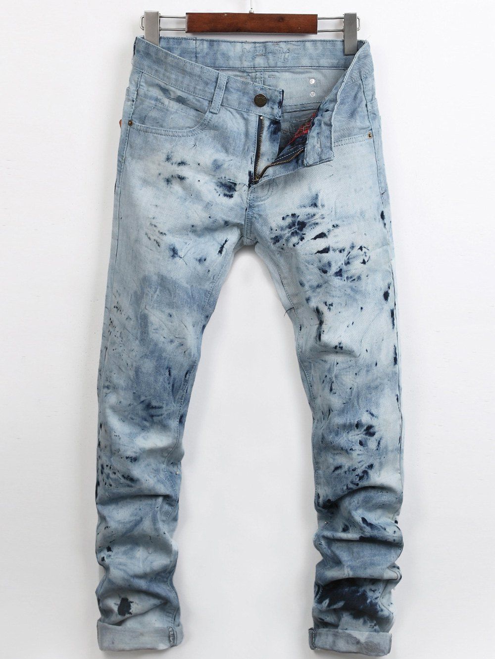 

Splatter Print Beading Embellished Jeans, Light blue