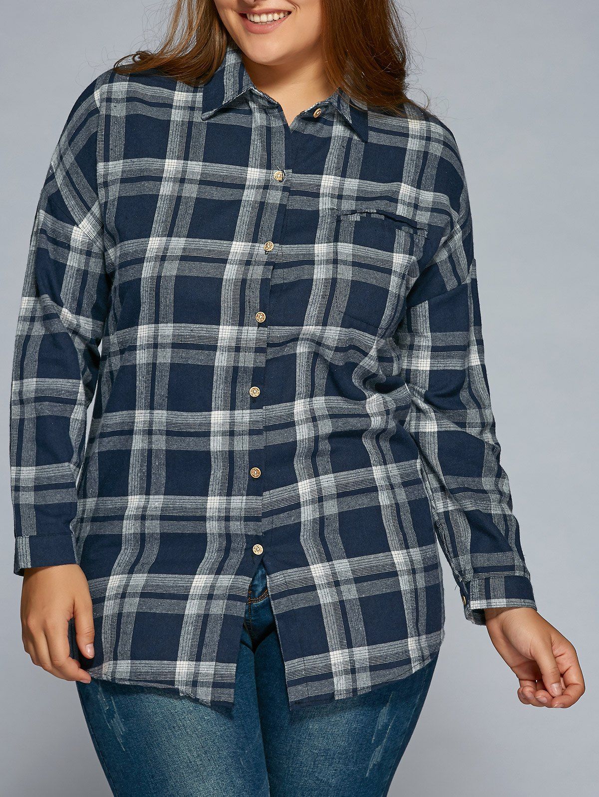 Plus Size Long Sleeve Plaid Flannel Shirt Cadetblue Xl In Plus Size Blouses
