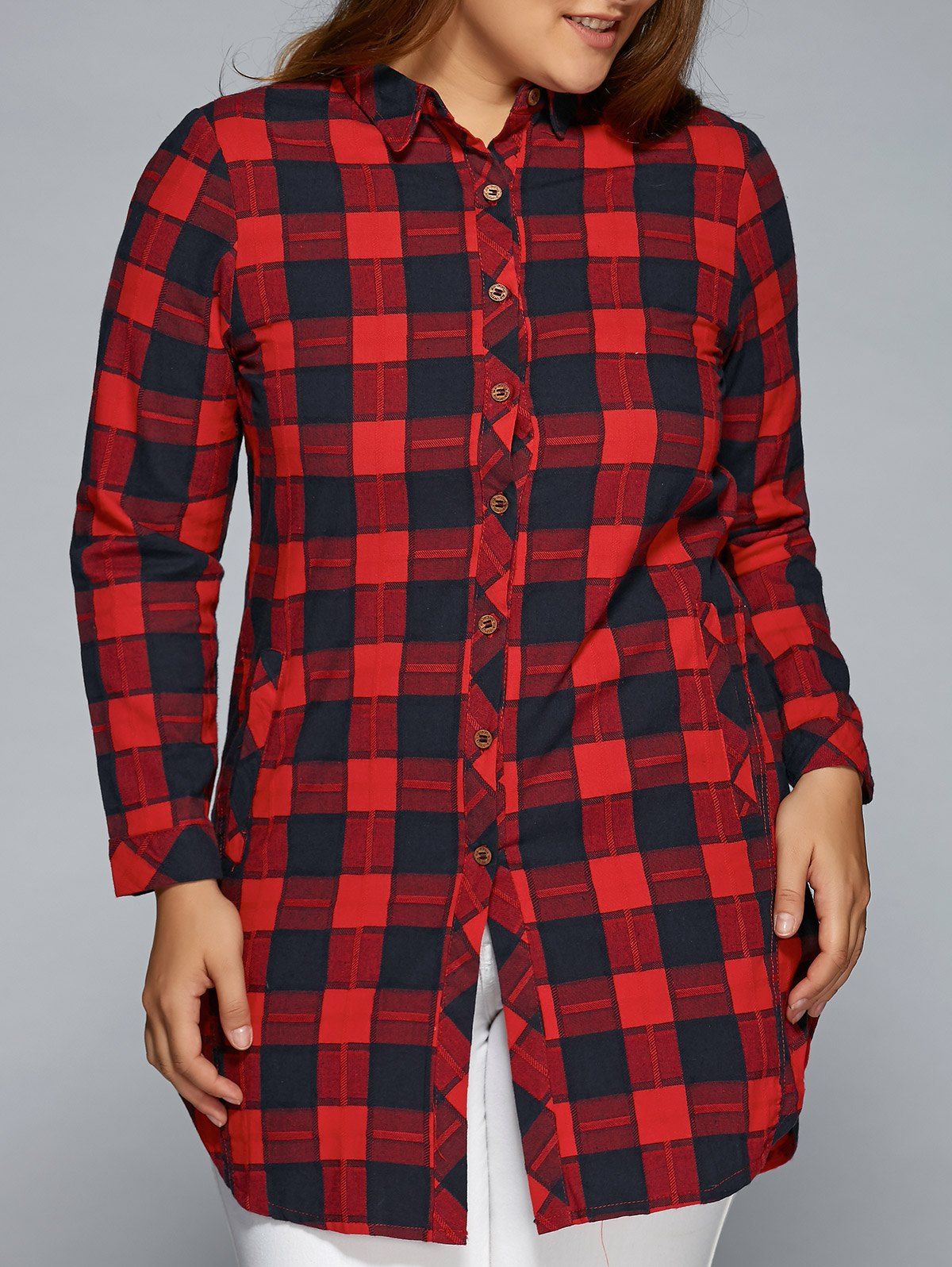 

Plus Size Slit Long Sleeve Checkered Plaid Shirt, Red