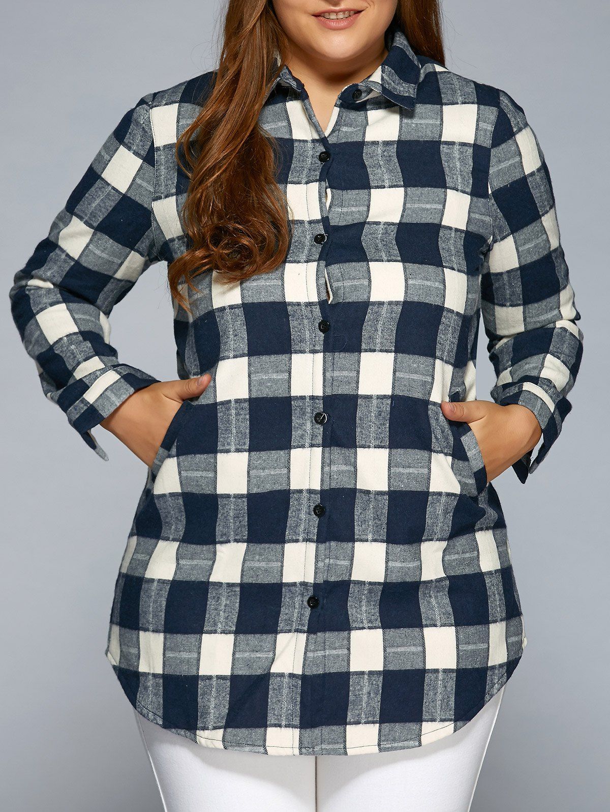 

Plus Size Fleece Flannel Plaid Shirt, Purplish blue