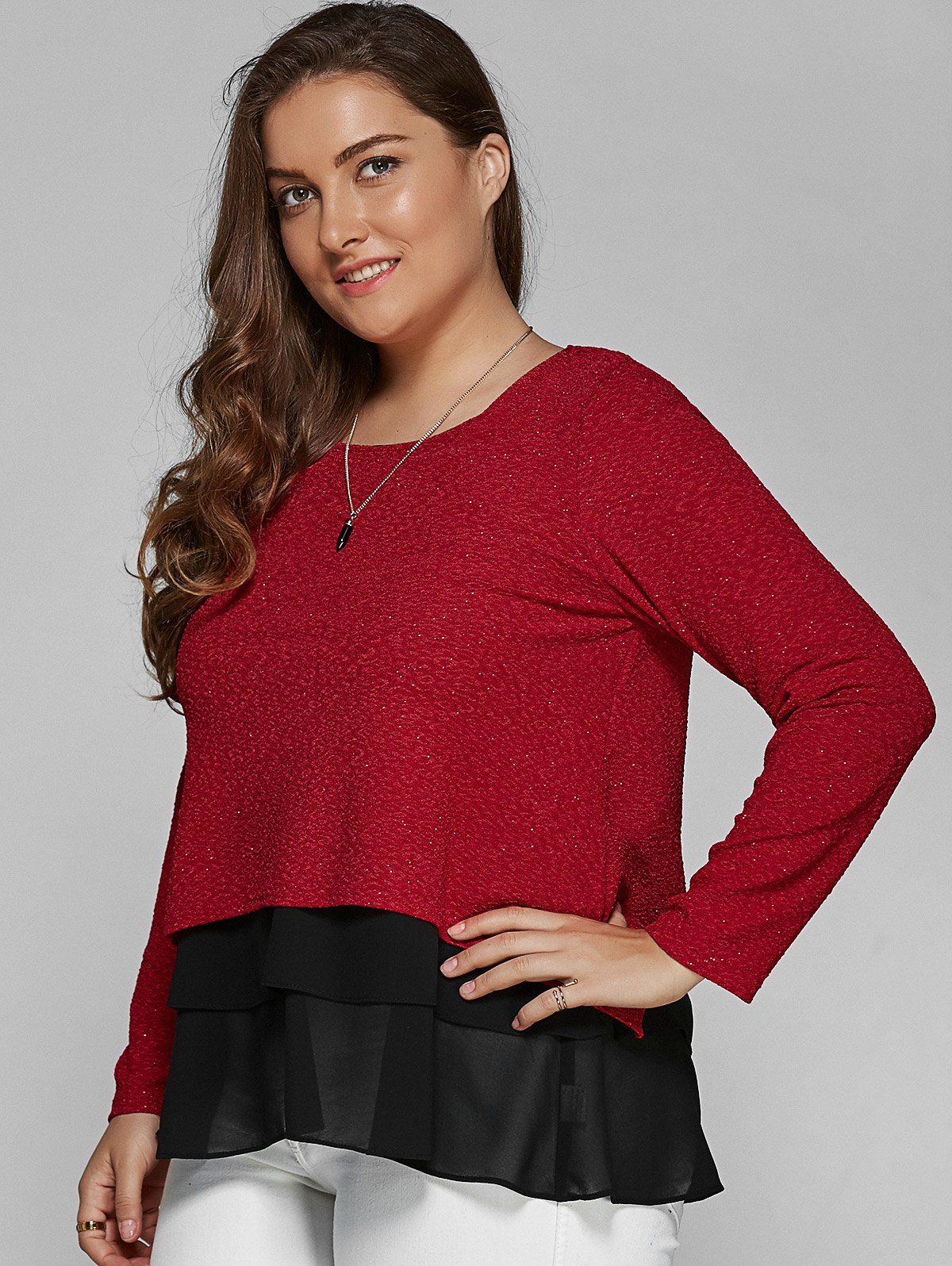 Plus Size Long Sleeve Chiffon Spliced Blouse, DEEP RED, XL in Plus Size ...