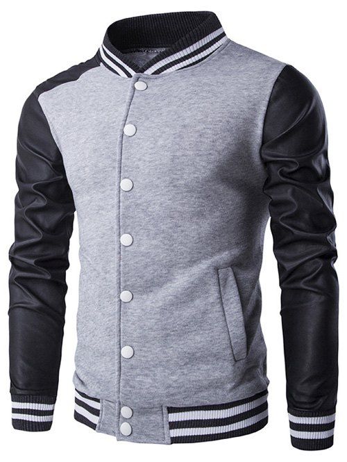 

Button Up Faux Leather Insert Varsity Striped Jacket, Gray