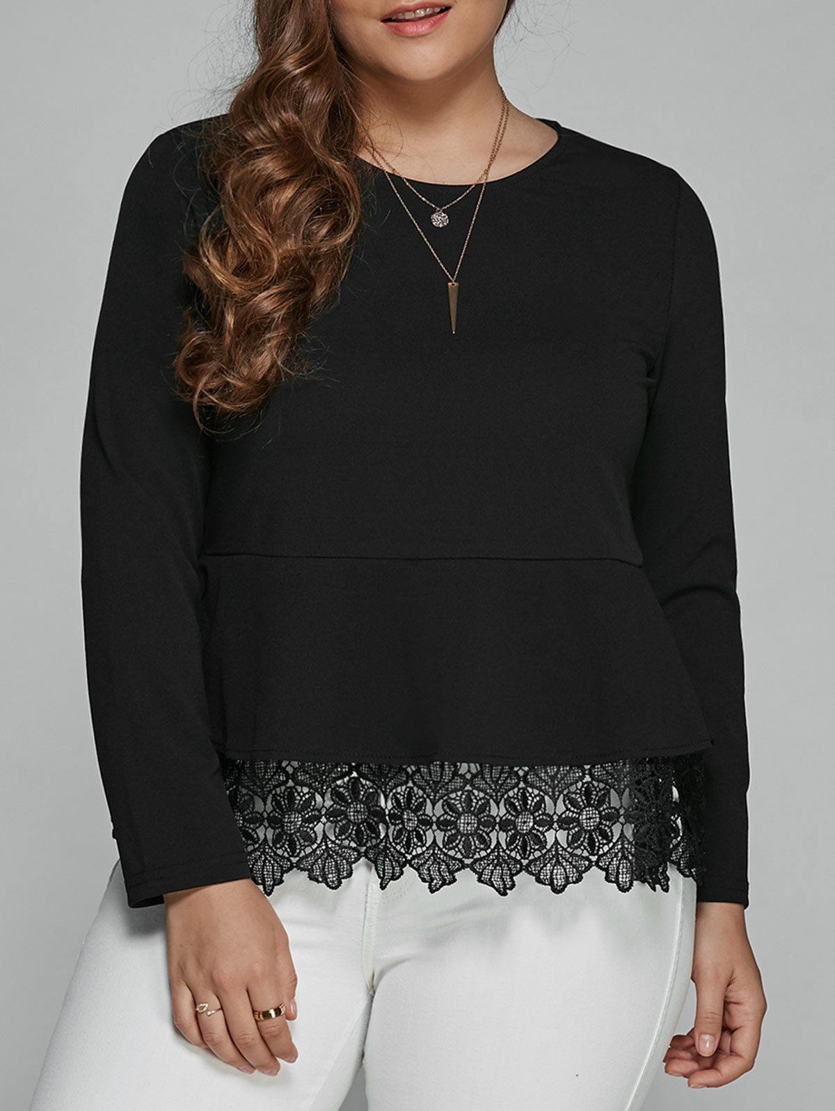 

Plus Size Long Sleeve Lace Spliced Blouse, Black