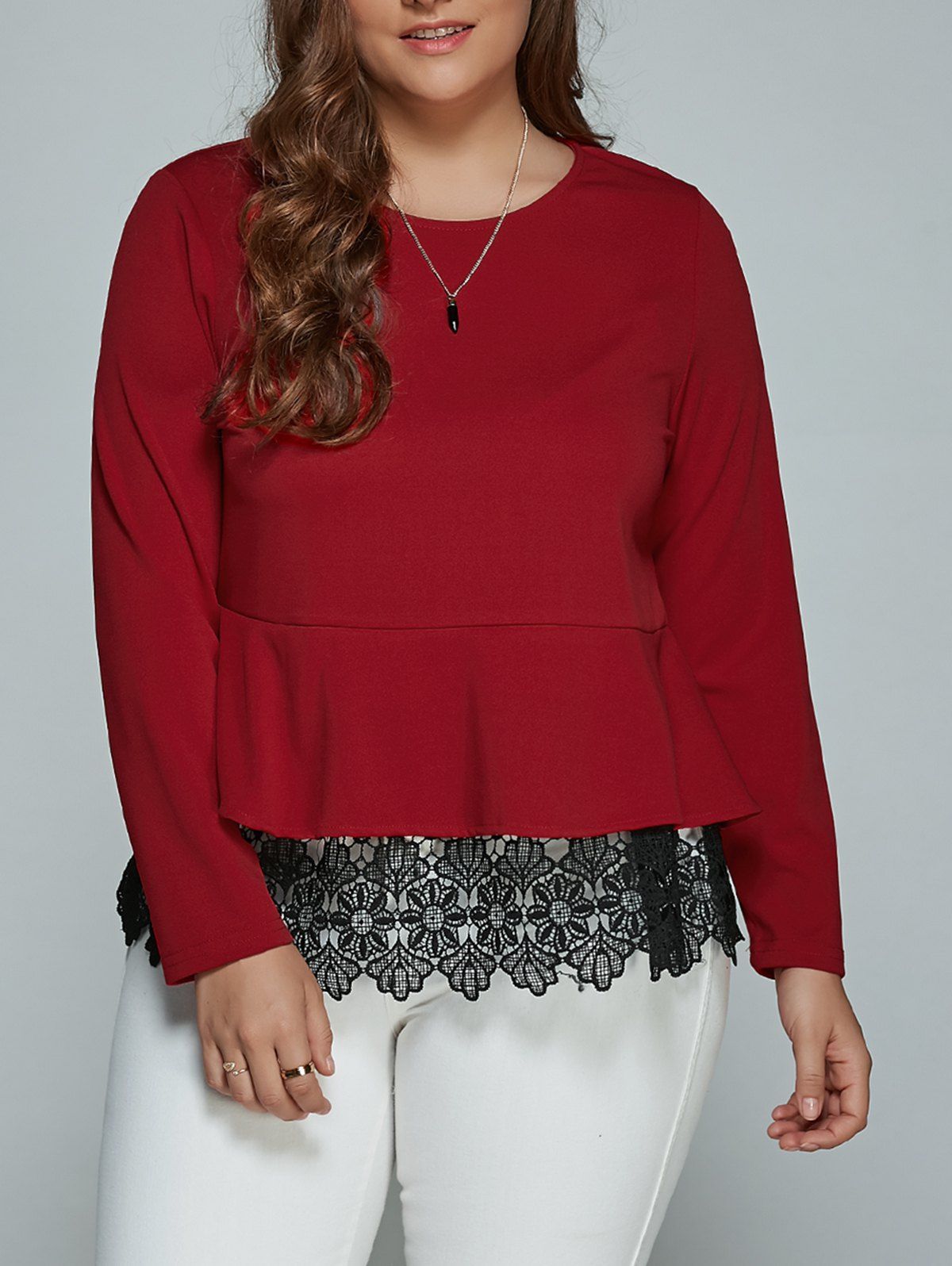 

Plus Size Long Sleeve Lace Spliced Blouse, Deep red