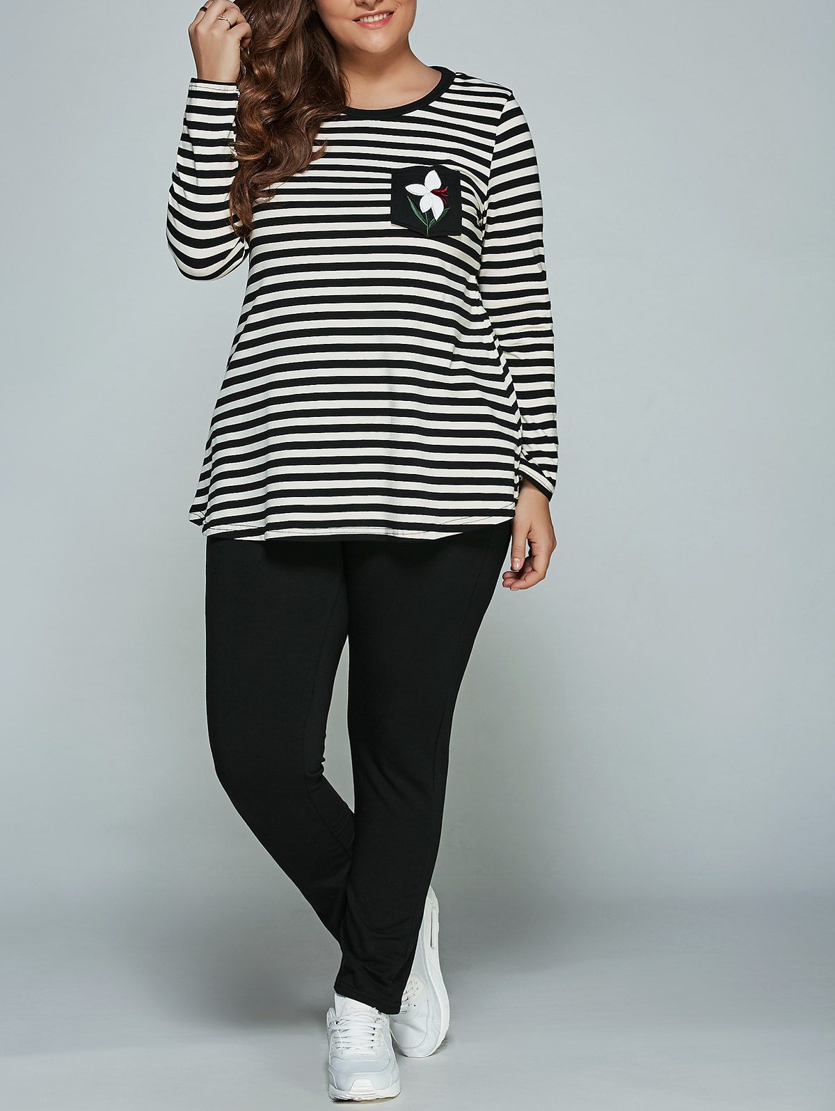 

Plus Size Long Sleeve Striped Outfits, Black