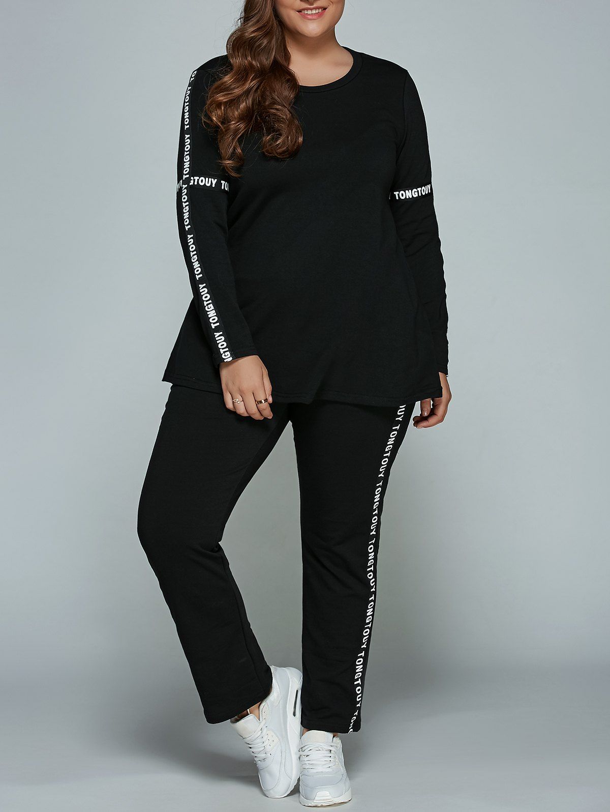 

Casual Plus Size Long Sleeve Letter Print T-Shirt + Pants, Black