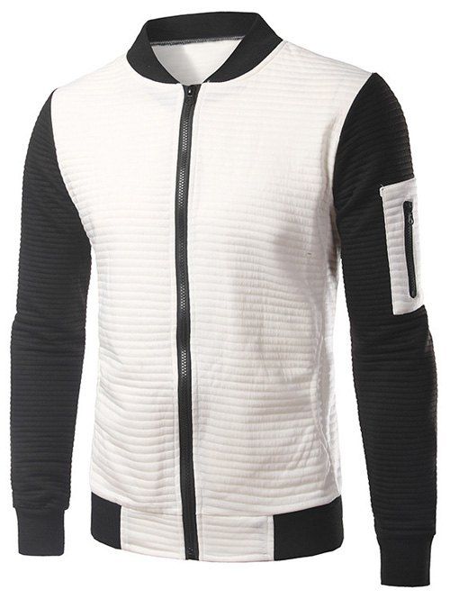 

Rib Color Block Spliced Pocket Embellished Zip-Up Jacket, White