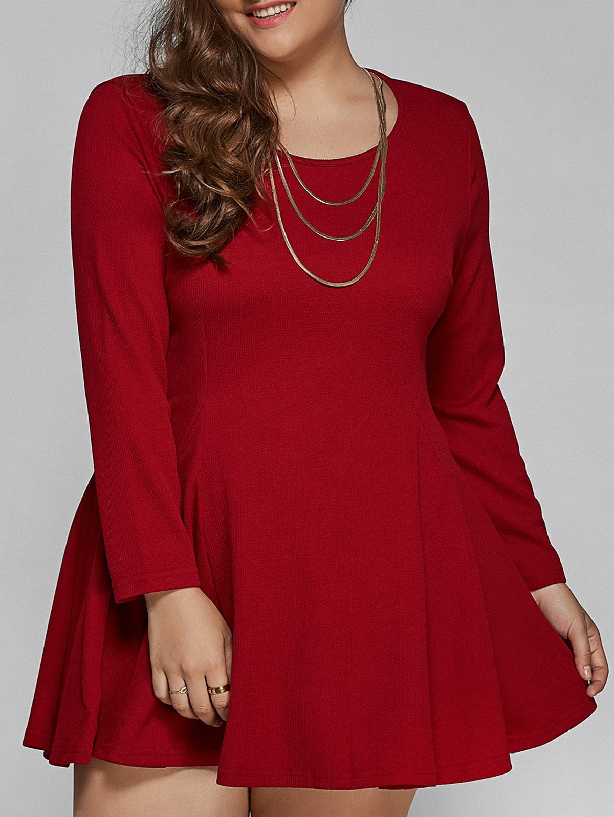 

Long Sleeve Plus Size Short Skater Tunic Dress, Dark red