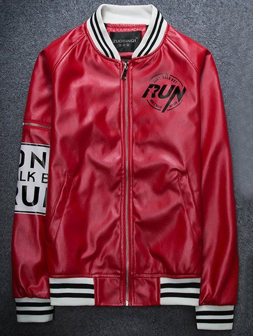 

Raglan Sleeve Zippered Varsity Striped Faux Leather Jacket, Red