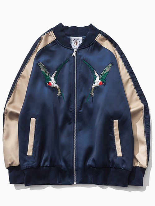 

Color Block Bird Embroidered Raglan Sleeve Zip-Up Jacket, Deep blue