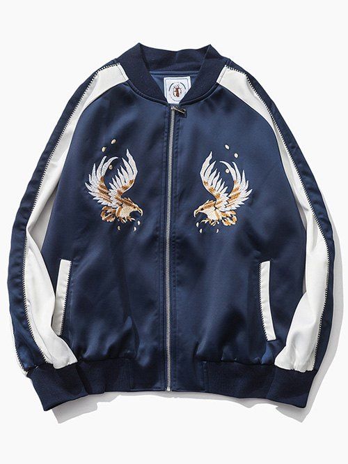 

Color Block Eagle Embroidered Raglan Sleeve Zip-Up Jacket, Deep blue