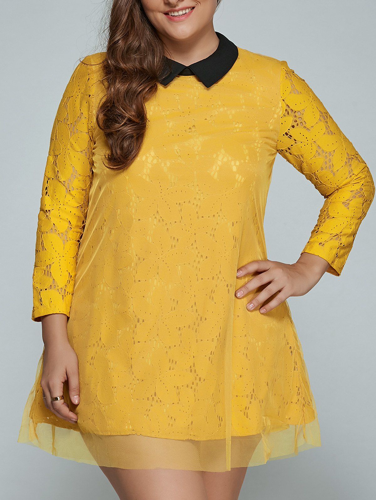 

Plus Size Mini Lace Long Sleeve Dress, Yellow