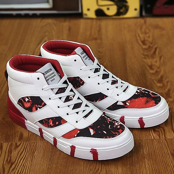 Color Block Splicing Lace Up High Top Chaussures de skate - Rouge 41