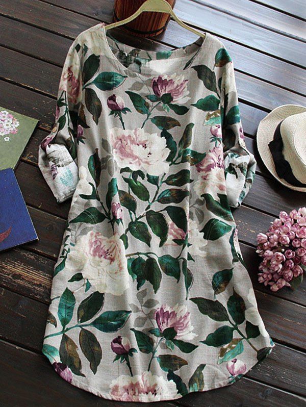 Linen Floral Printed Shirt Dress with Sleeves - GRAY XL