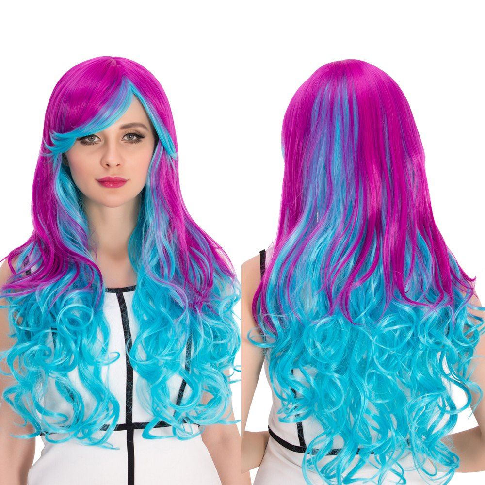 2017 Cosplay Synthetic Long Purple Gradient Blue Inclined Bang Wavy Wig Colormix In Cosplay Wigs 