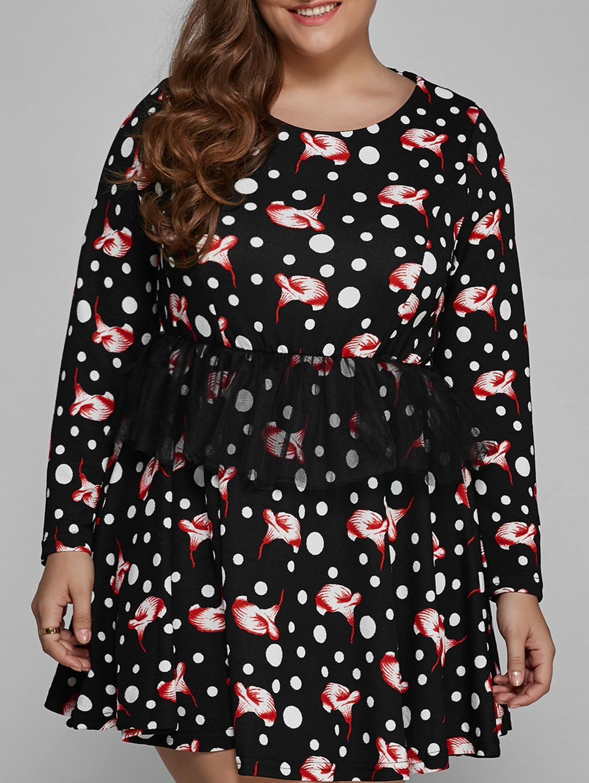 

Polka Dot Floral Print Plus Size Mini Dress, Black