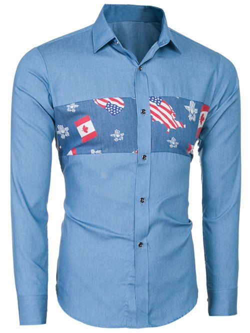 

Button Up Flag Print Long Sleeve Shirt, Light blue