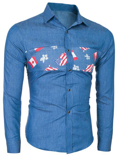 

Button Up Flag Print Long Sleeve Shirt, Deep blue